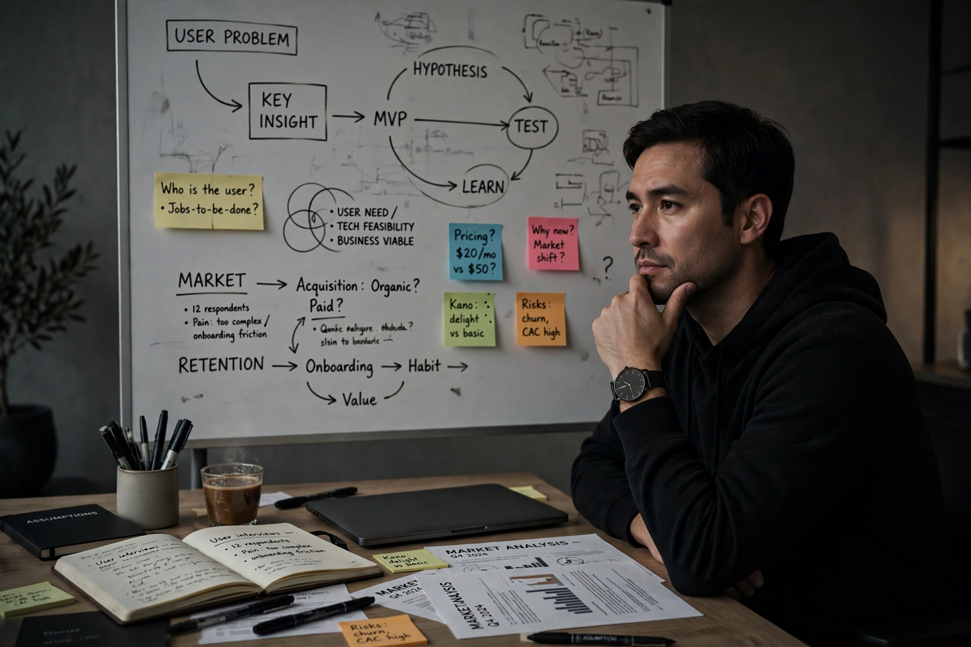 A founder studying a whiteboard that maps the user problem, key insight, MVP and test loop.