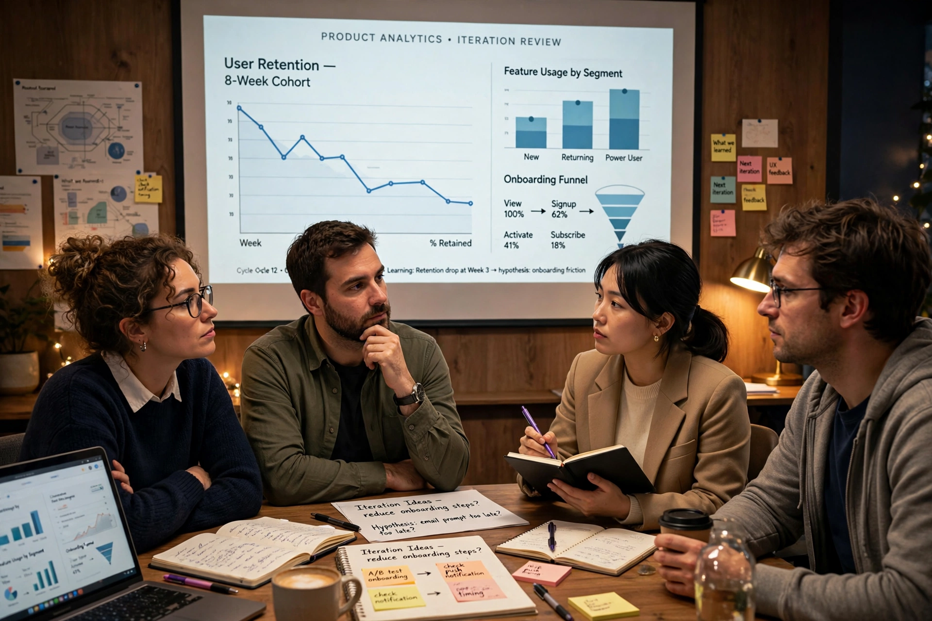 A team reviewing a retention chart and onboarding funnel during an iteration review.