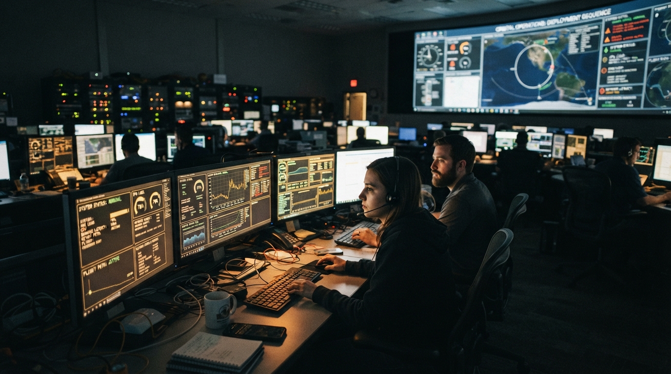 An operations room of engineers watching live deployment dashboards.