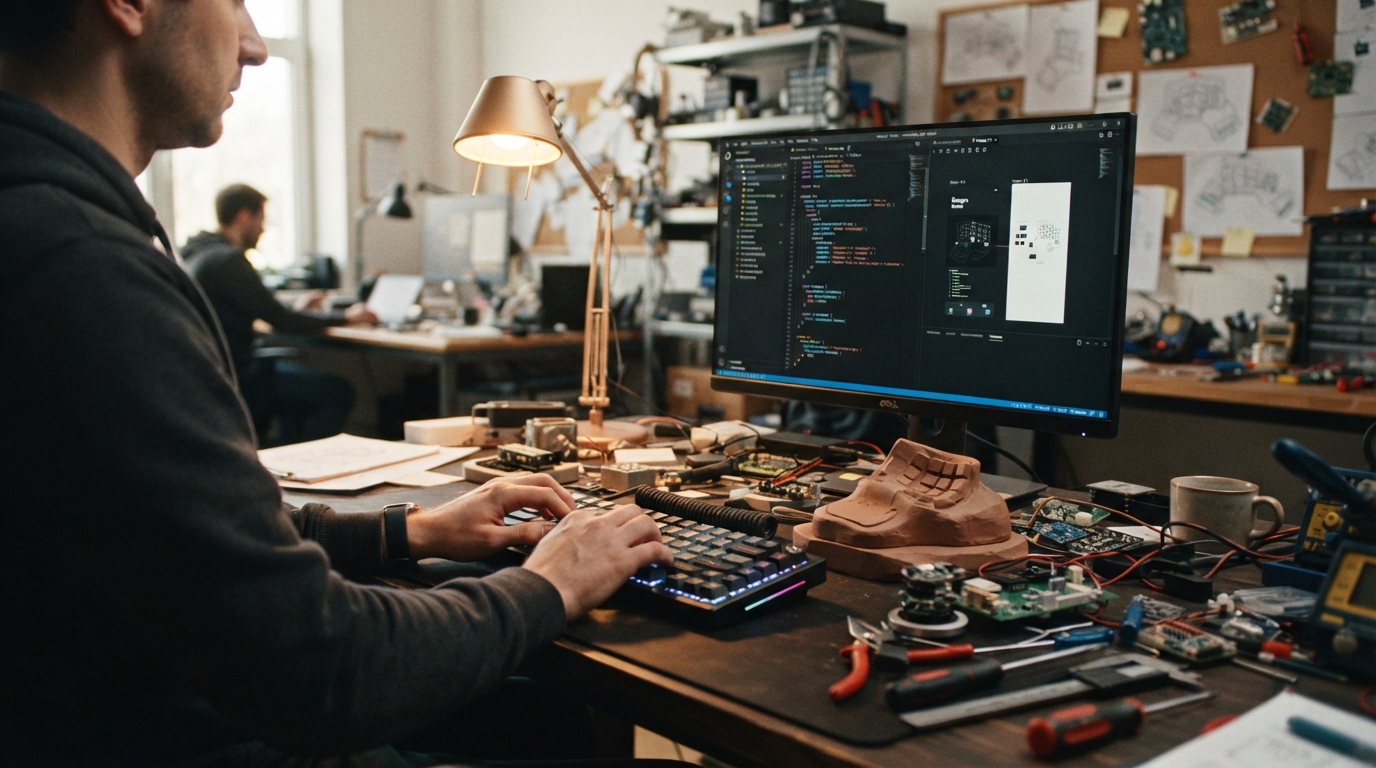 An engineer writing code at a workshop bench scattered with hardware prototypes.