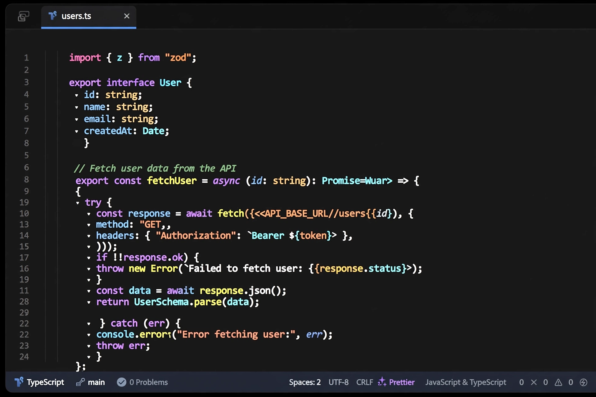 A TypeScript source file open in the Danumai editor, showing a typed fetch client.