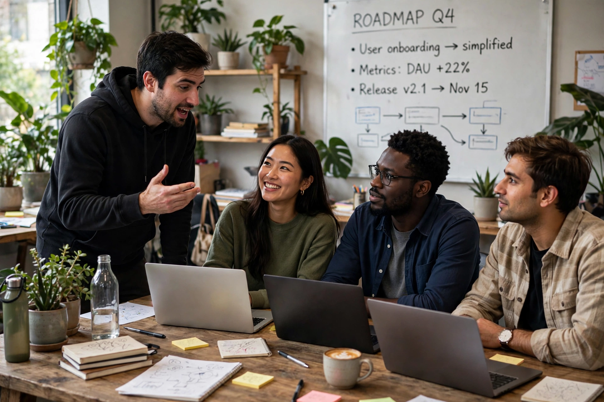 The Danumai team gathered at a whiteboard, working through onboarding and release milestones.
