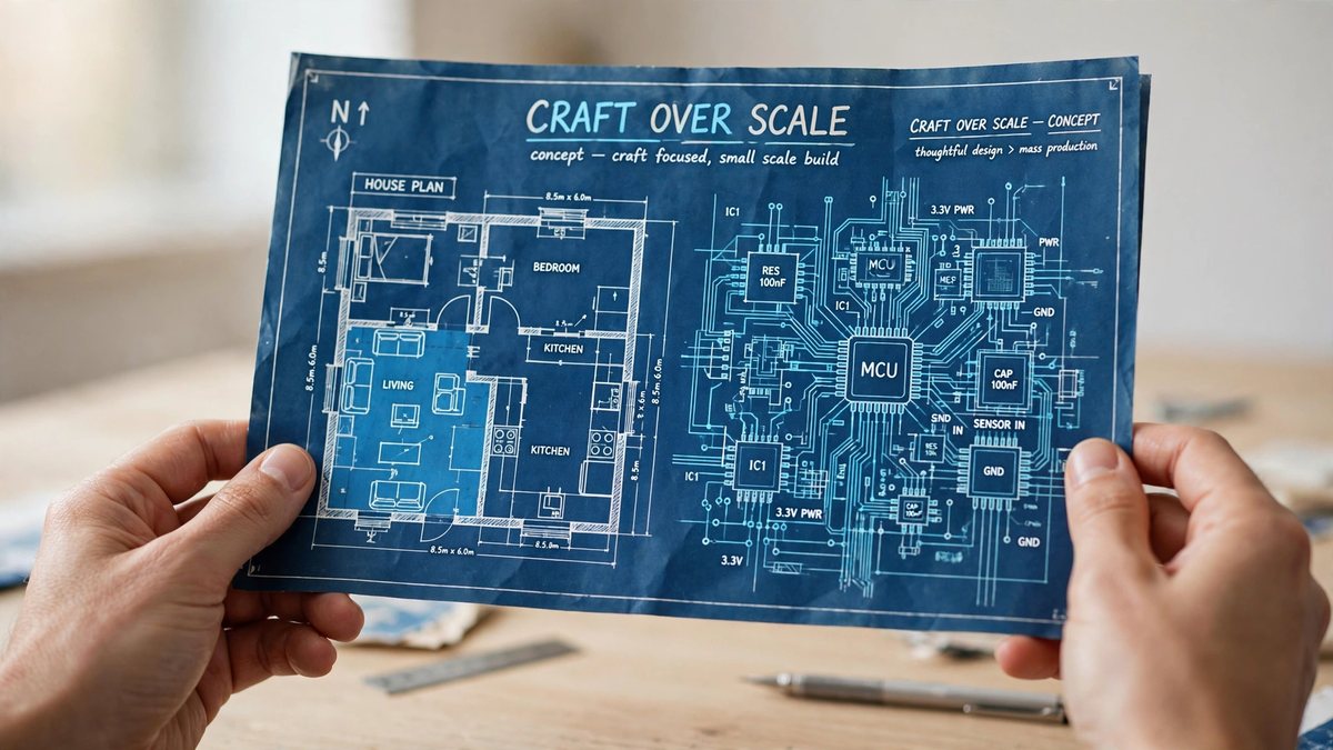 Hands holding a blueprint titled “Craft Over Scale” — a house floor plan drawn in the language of a circuit diagram.