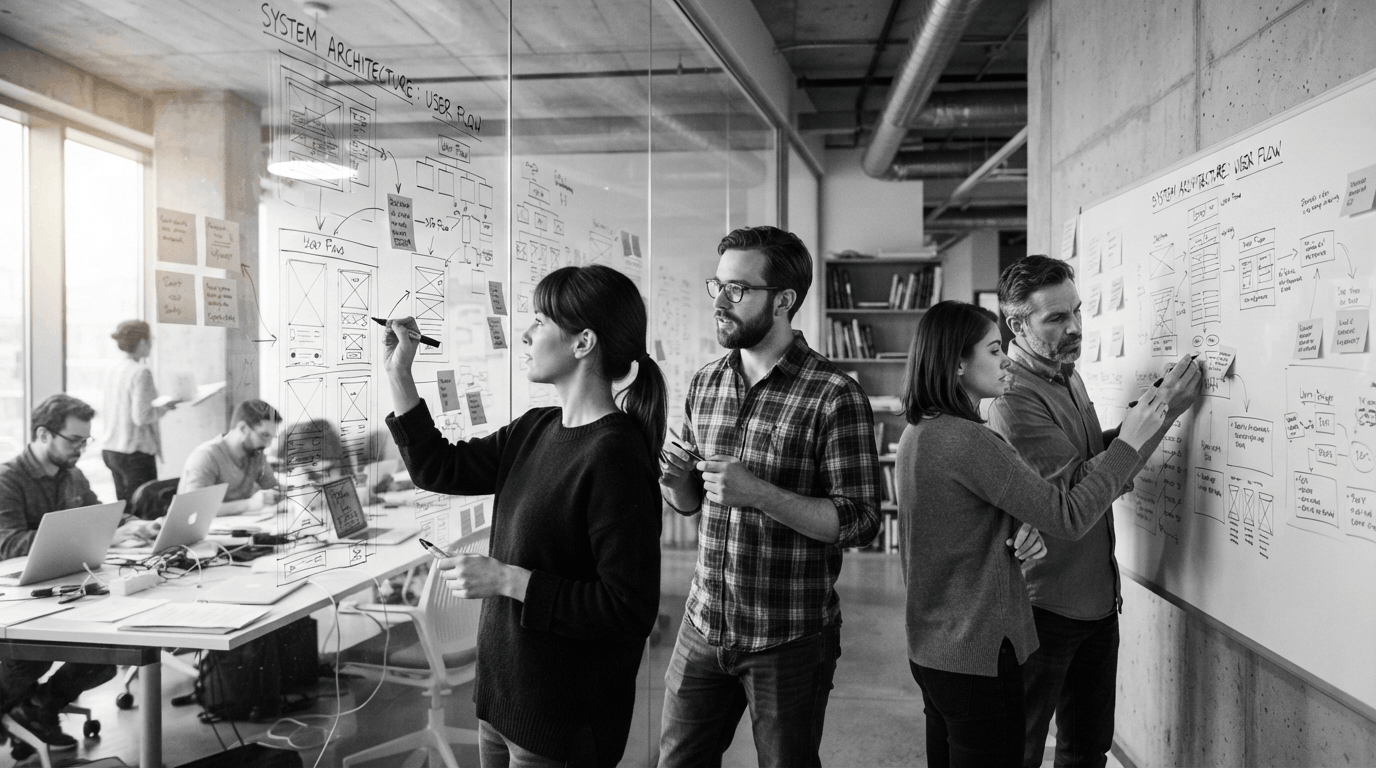 The team marking system architecture and user flows on the studio glass and whiteboard.