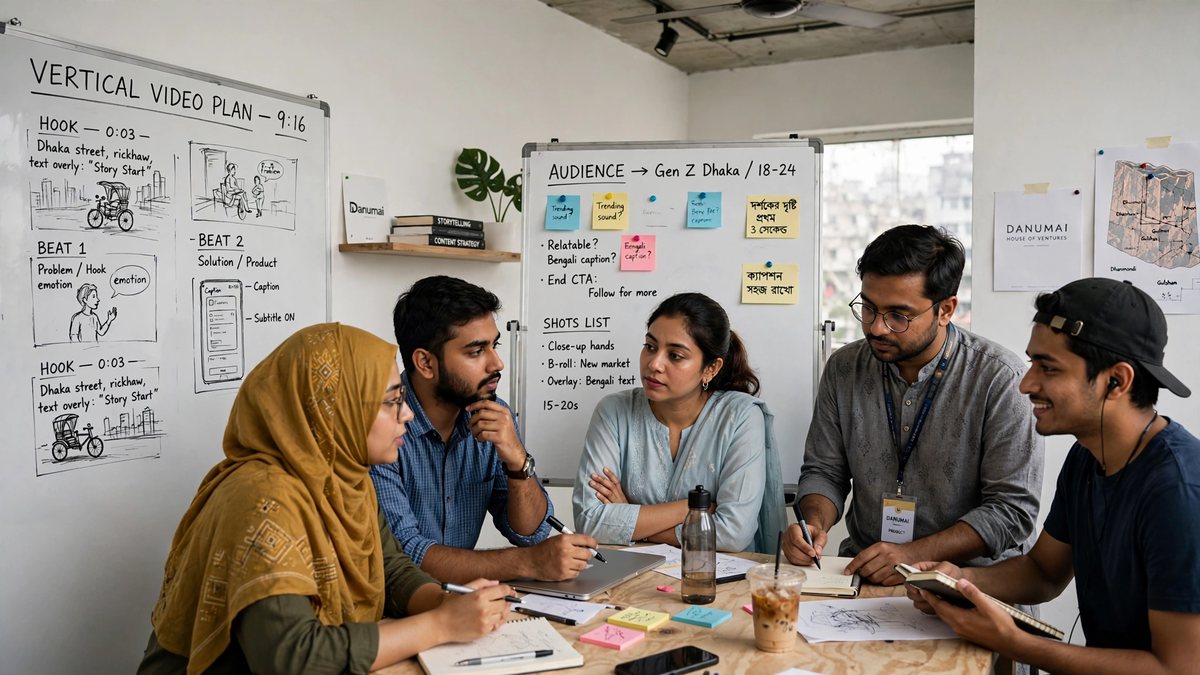 A team around a whiteboard covered in a vertical video plan, beat sheets and shot lists.