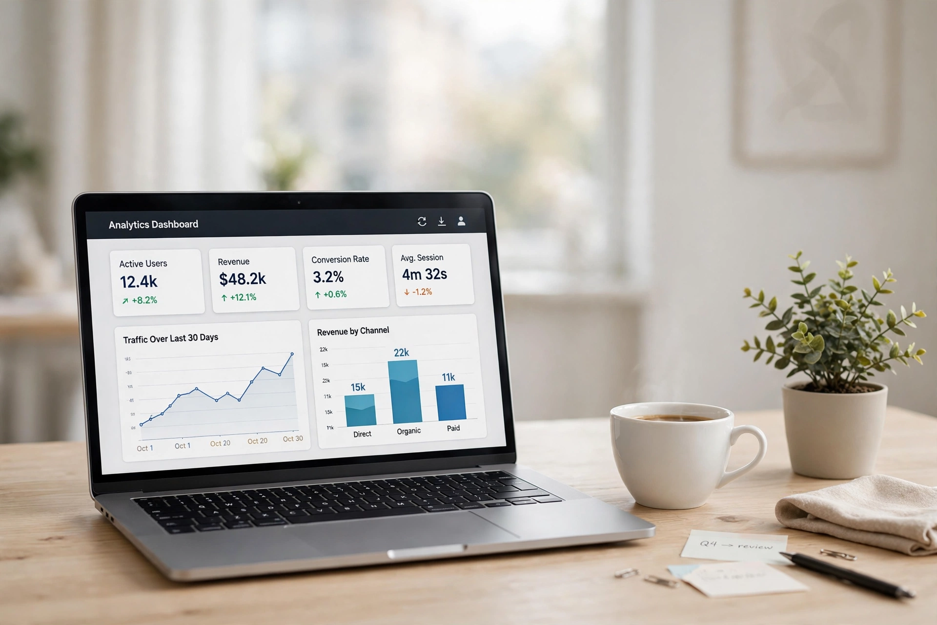 A laptop on a Danumai desk showing the venture analytics dashboard beside a cup of coffee.