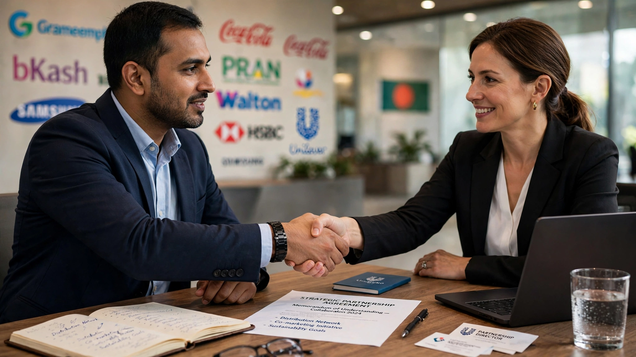 A Danumai principal shaking hands with an enterprise counterparty across a meeting table, a signed memorandum of understanding on the desk.