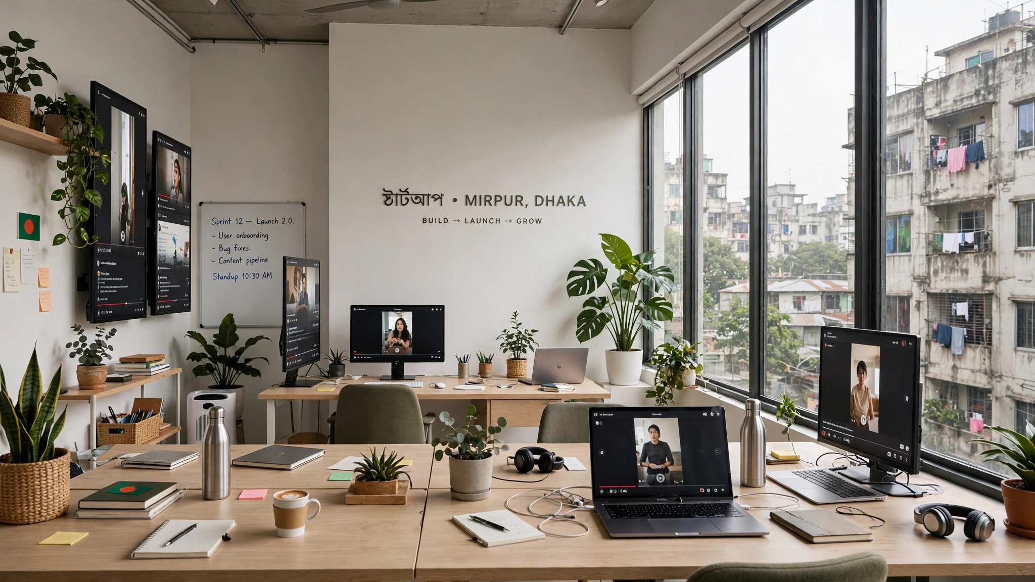 A Danumai desk: dual monitors on a video edit, a Bengali signage plaque, plants and an open window onto Dhaka rooftops.