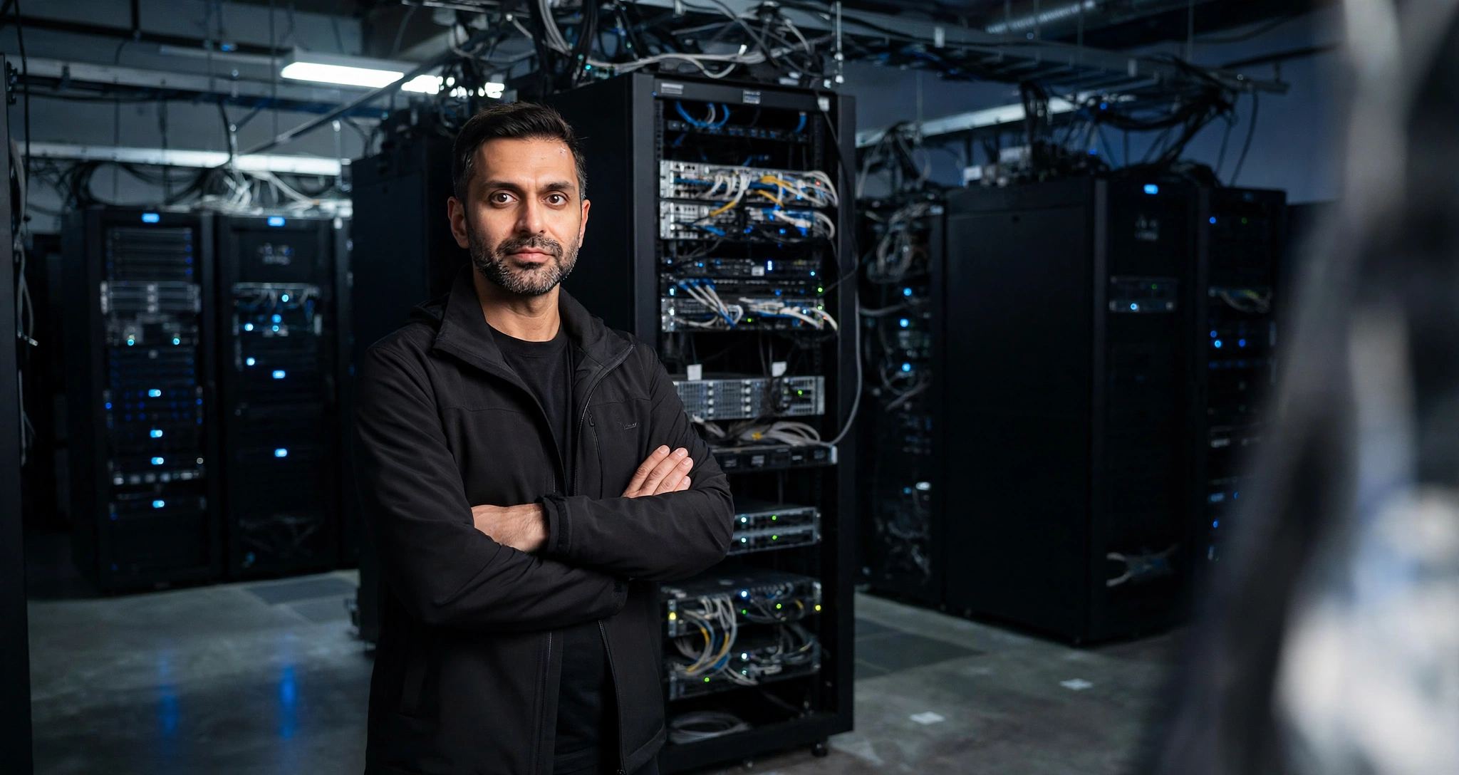 Tanvir Ahmed, CTO of Danumai, beside the systems the house runs on.