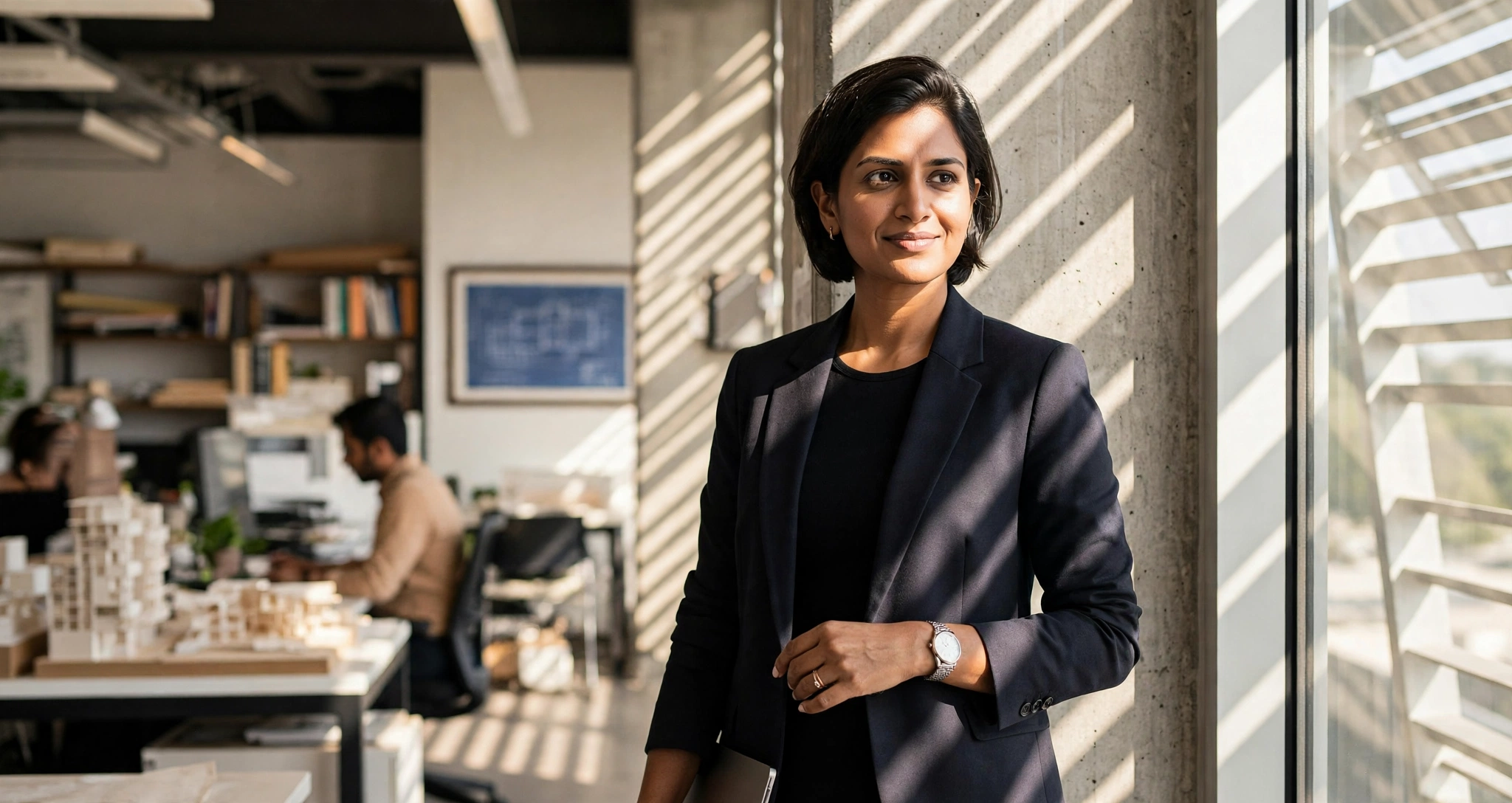 Nusrat Jahan, co-founder of BanglaReels, standing by a window in the Danumai studio.