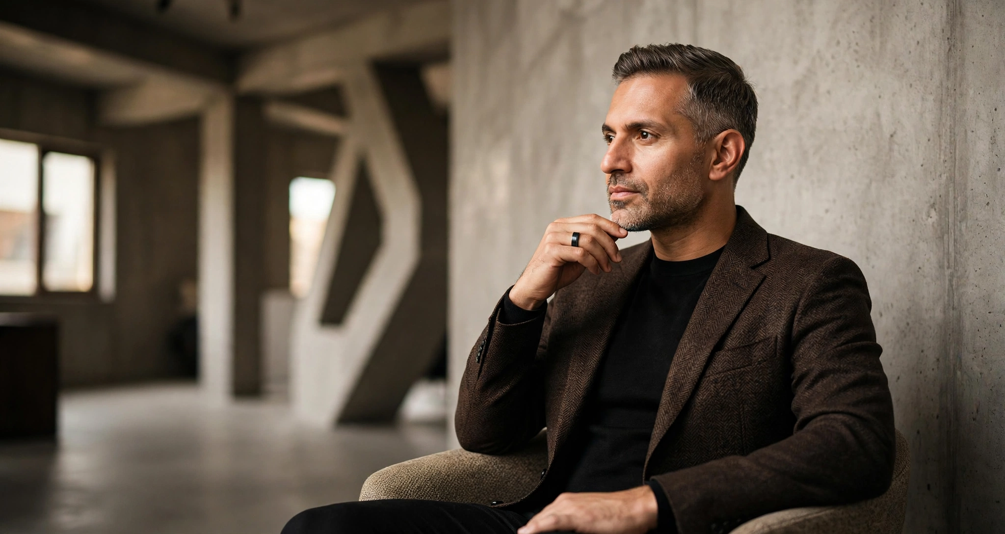 A Danumai principal in a raw concrete meeting space, weighing a decision.