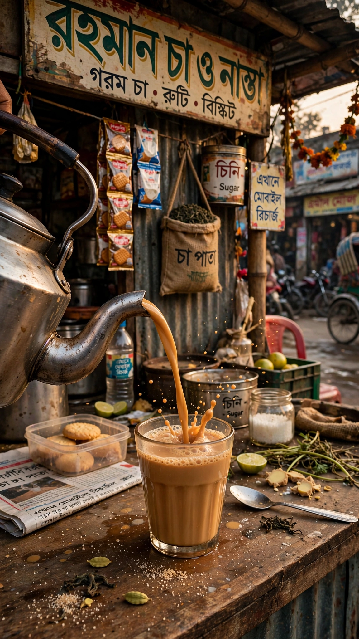 Tea being poured at a roadside stall in Dhaka, used as a bumper ad moment.