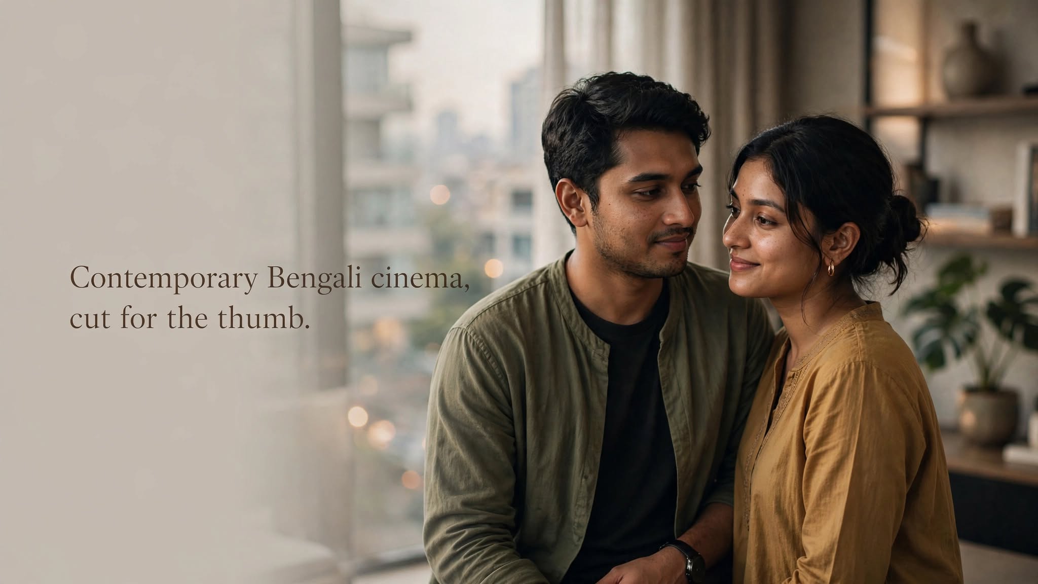 Editorial banner: a Bengali couple in a Dhaka apartment at dusk.