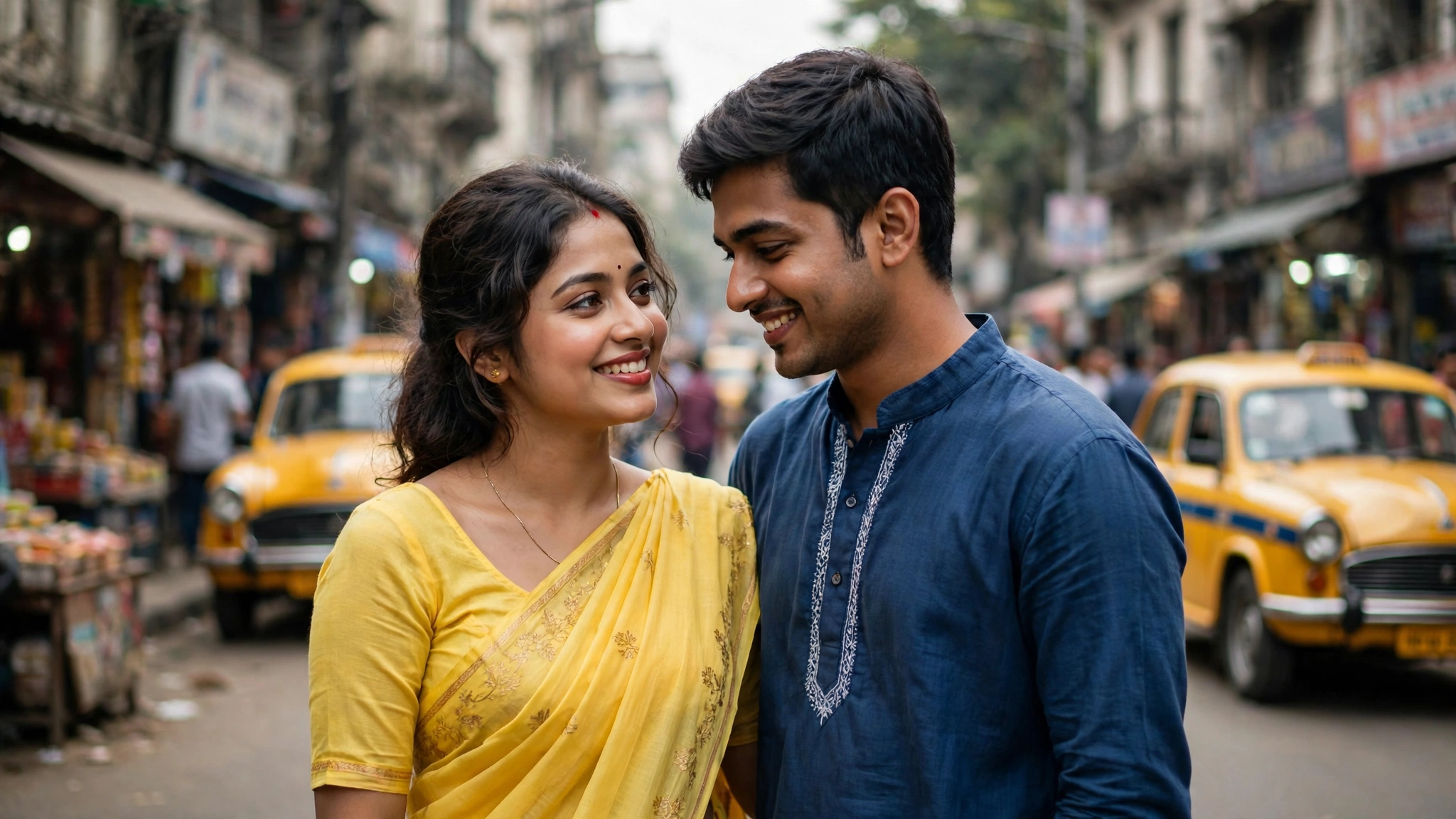 A young Bengali couple standing on a Kolkata street, smiling at each other beside yellow Ambassador taxis.