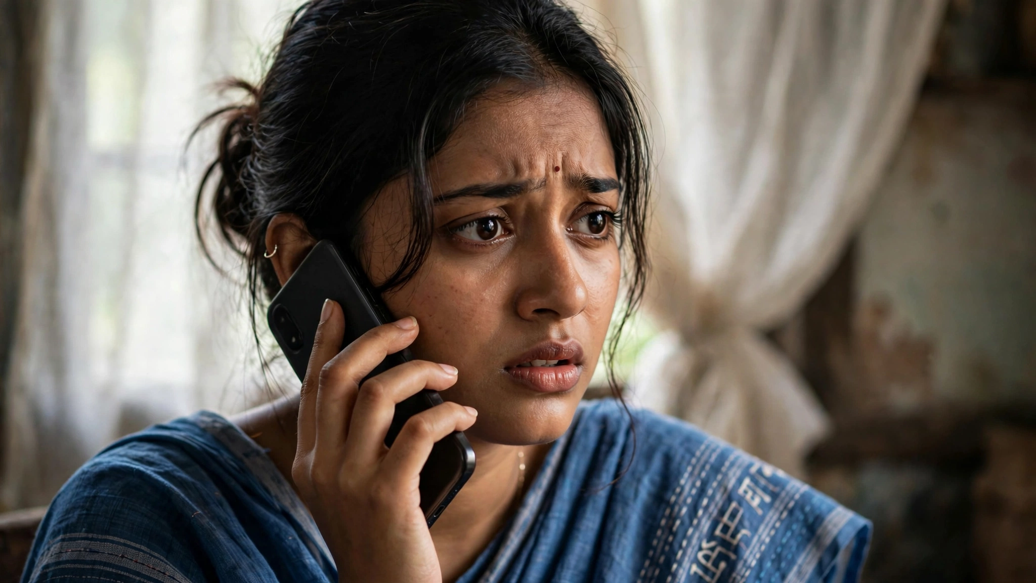 A woman in a blue sari holding a telephone receiver, listening with concern.