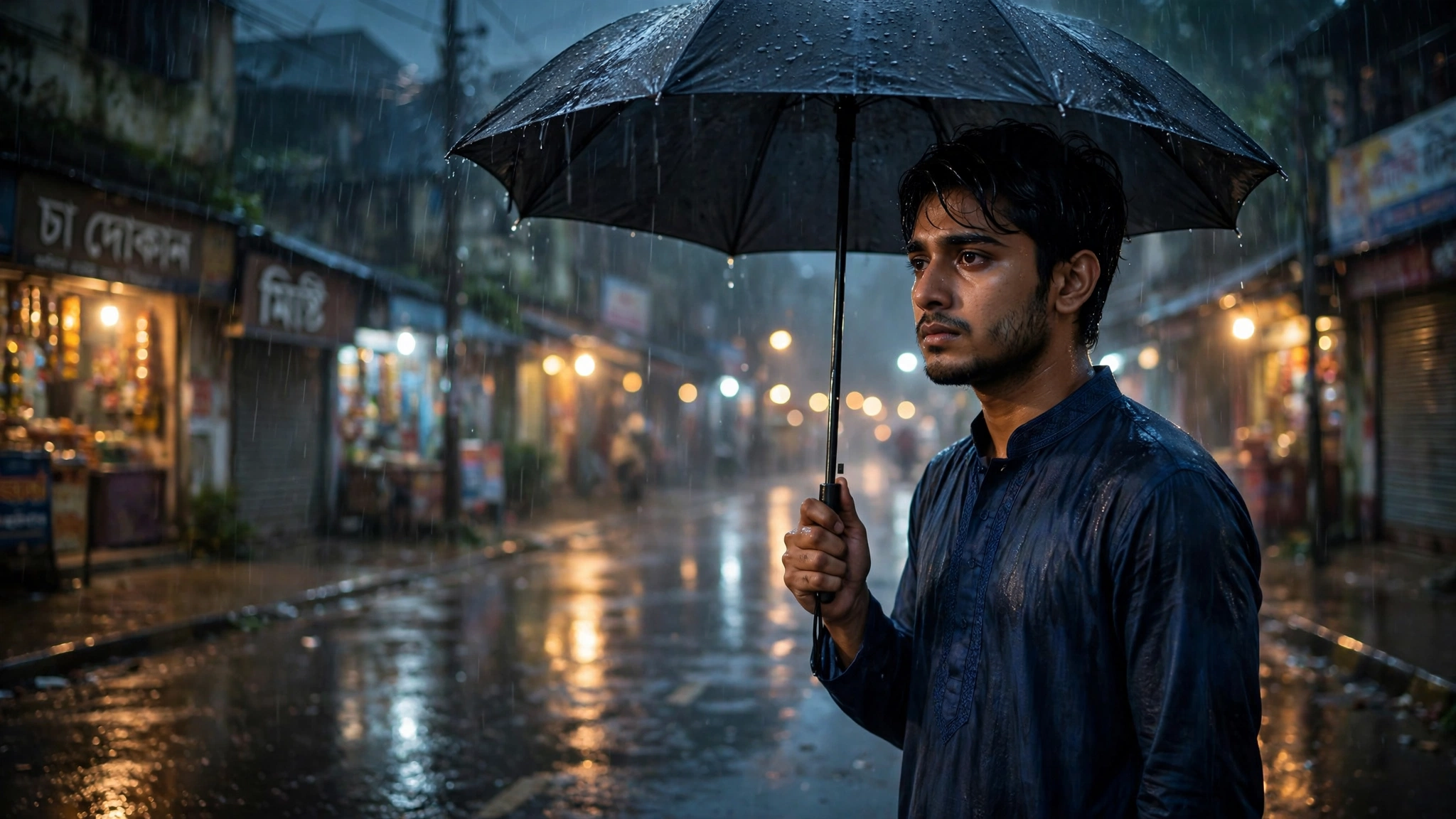 A man holding a black umbrella on a rainy night street, waiting under shop lights.