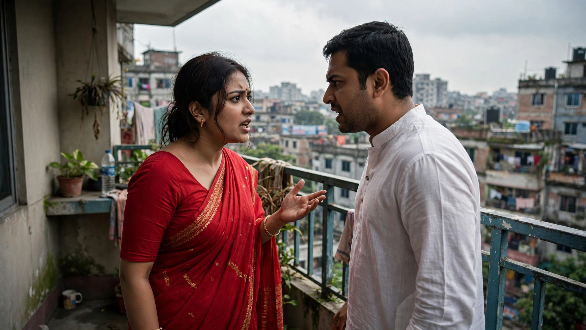 A woman in a red sari and a man in a white kurta arguing on a rooftop balcony overlooking the city.