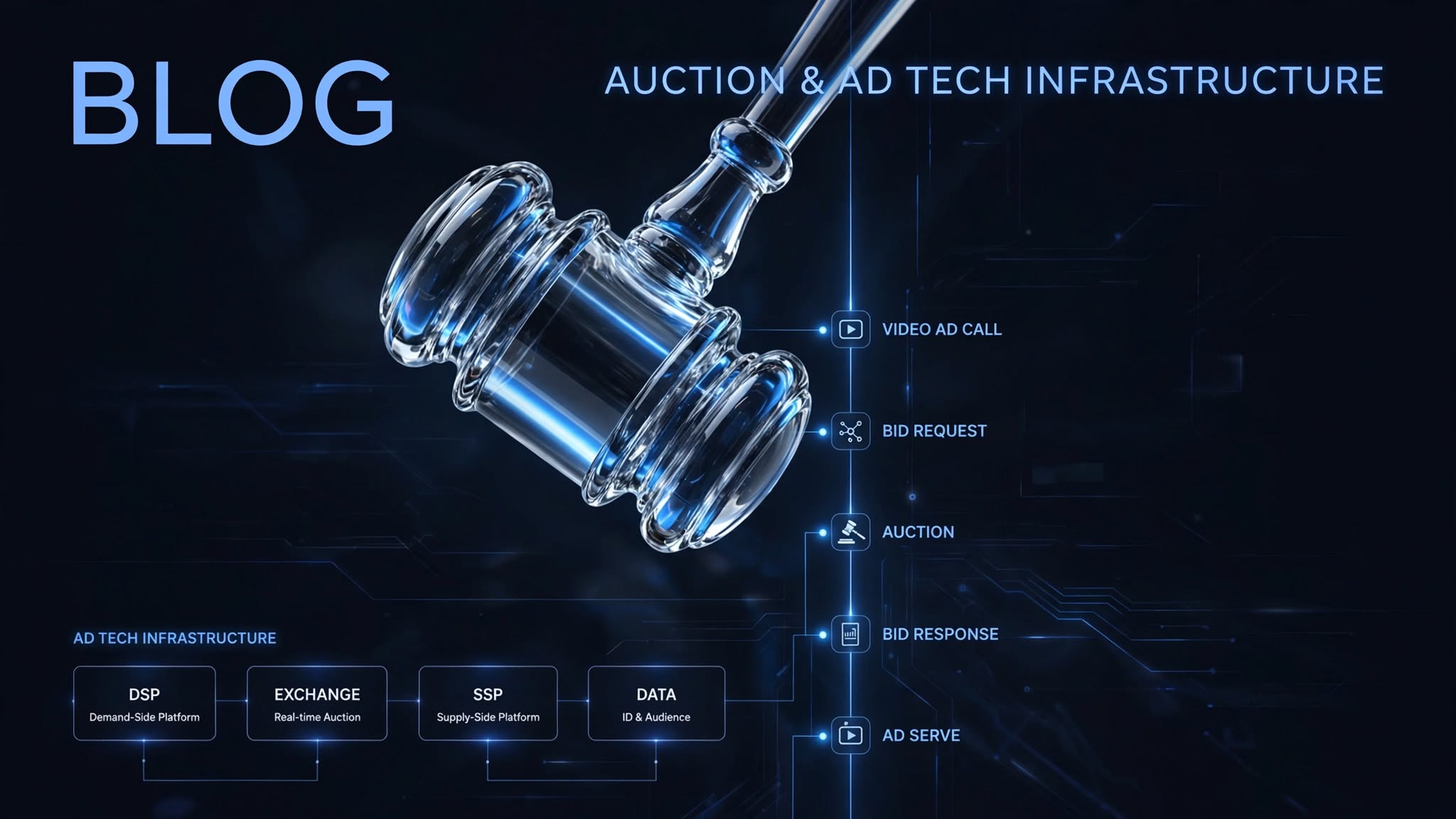 Auction and ad-tech infrastructure diagram: video ad call, bid request, auction, bid response, ad serve, with DSP, exchange, SSP and data layers