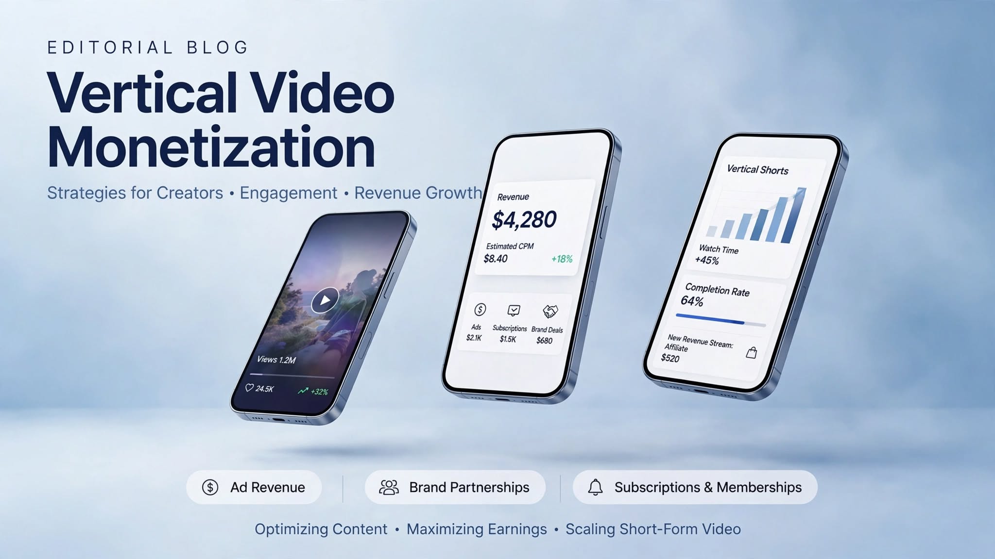 Vertical video monetization panels showing revenue, estimated CPM, and the split across ads, subscriptions and brand deals