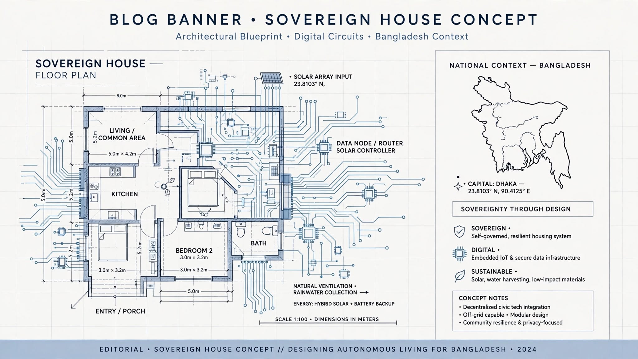 Sovereign house concept blueprint: an architectural floor plan wired with digital circuitry, annotated with solar input and data routing