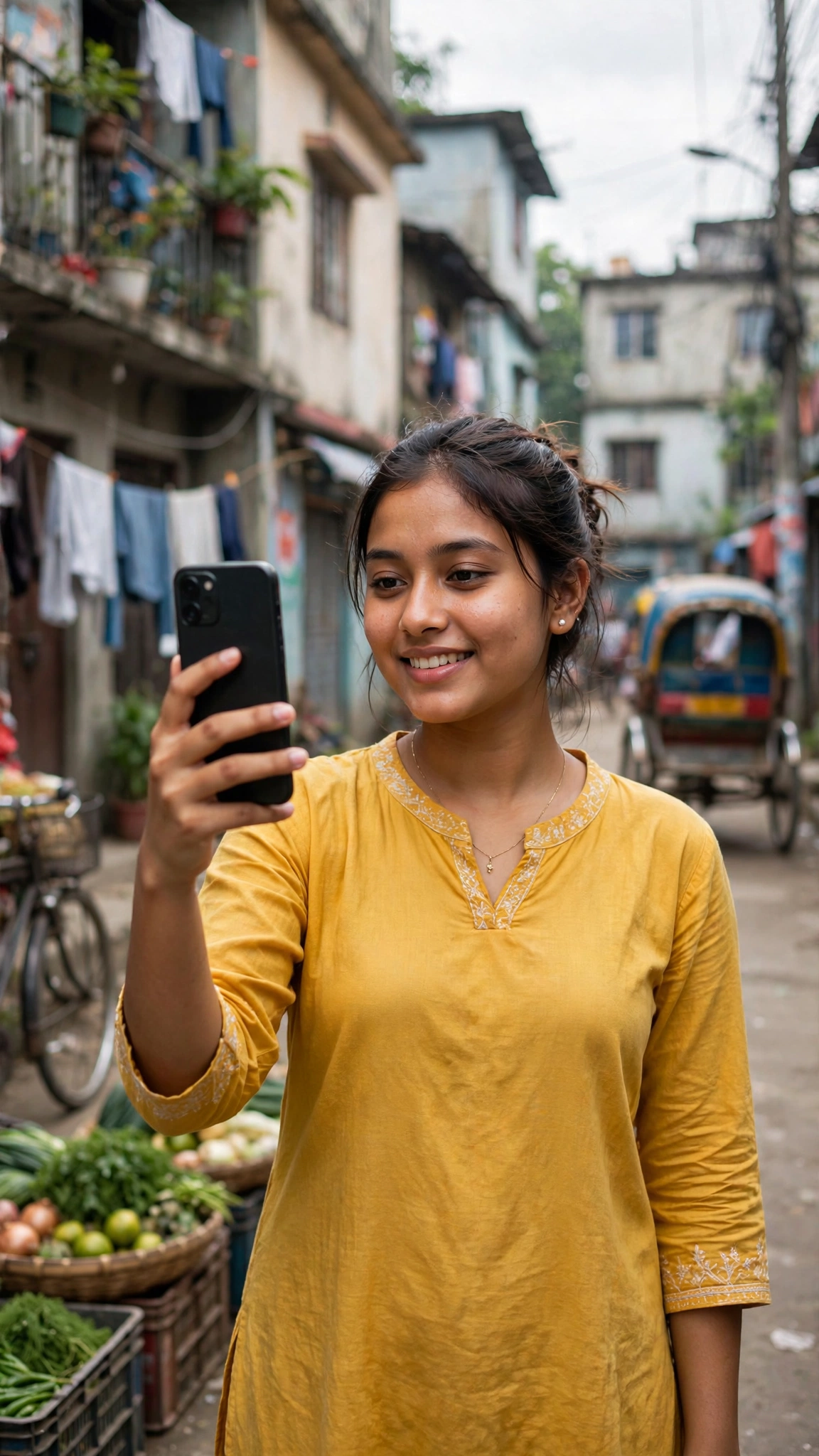 A young creator filming herself on a phone in a Dhaka neighbourhood street