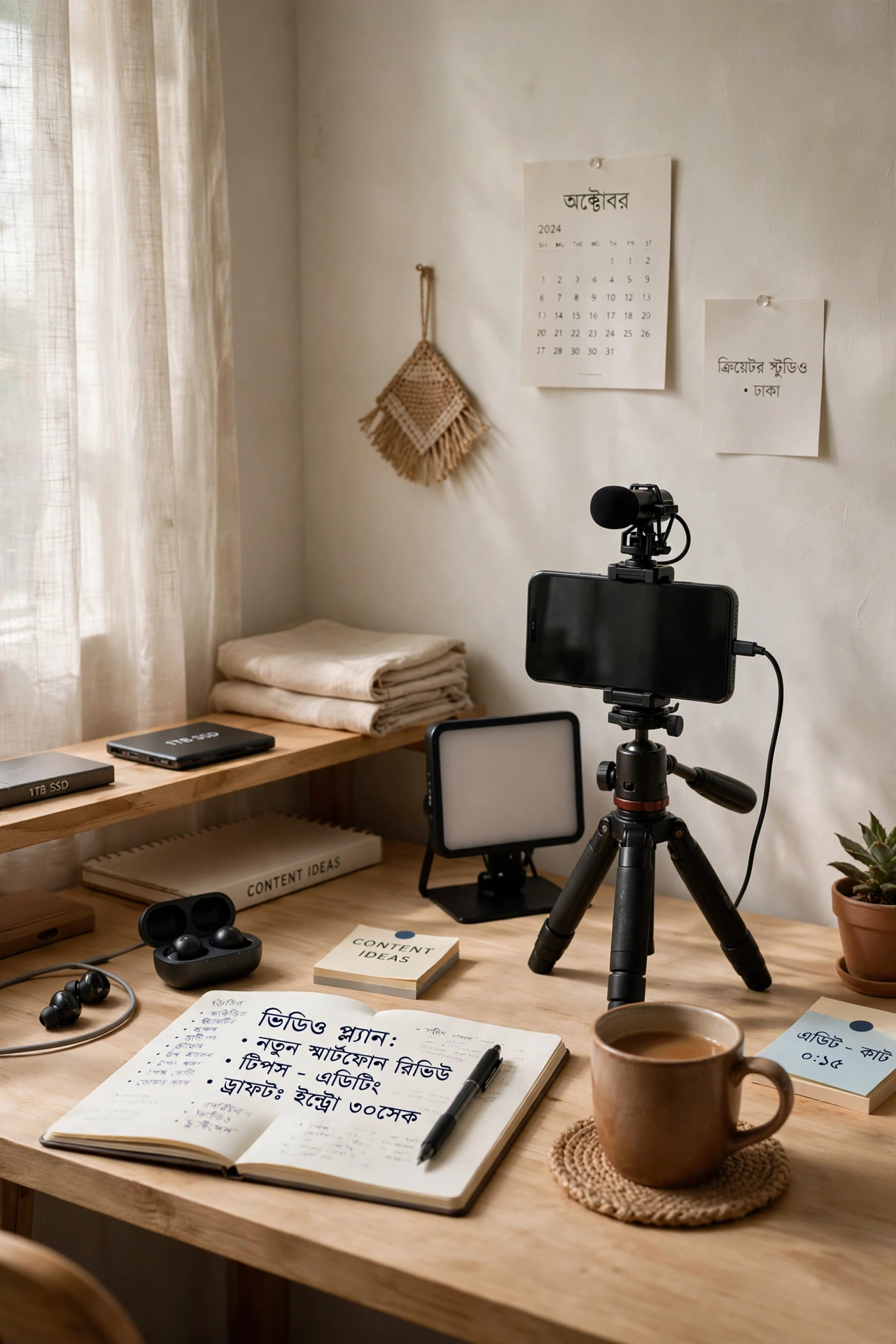 A creator desk in Dhaka with a phone on a tripod, light panel and shot-list notebook
