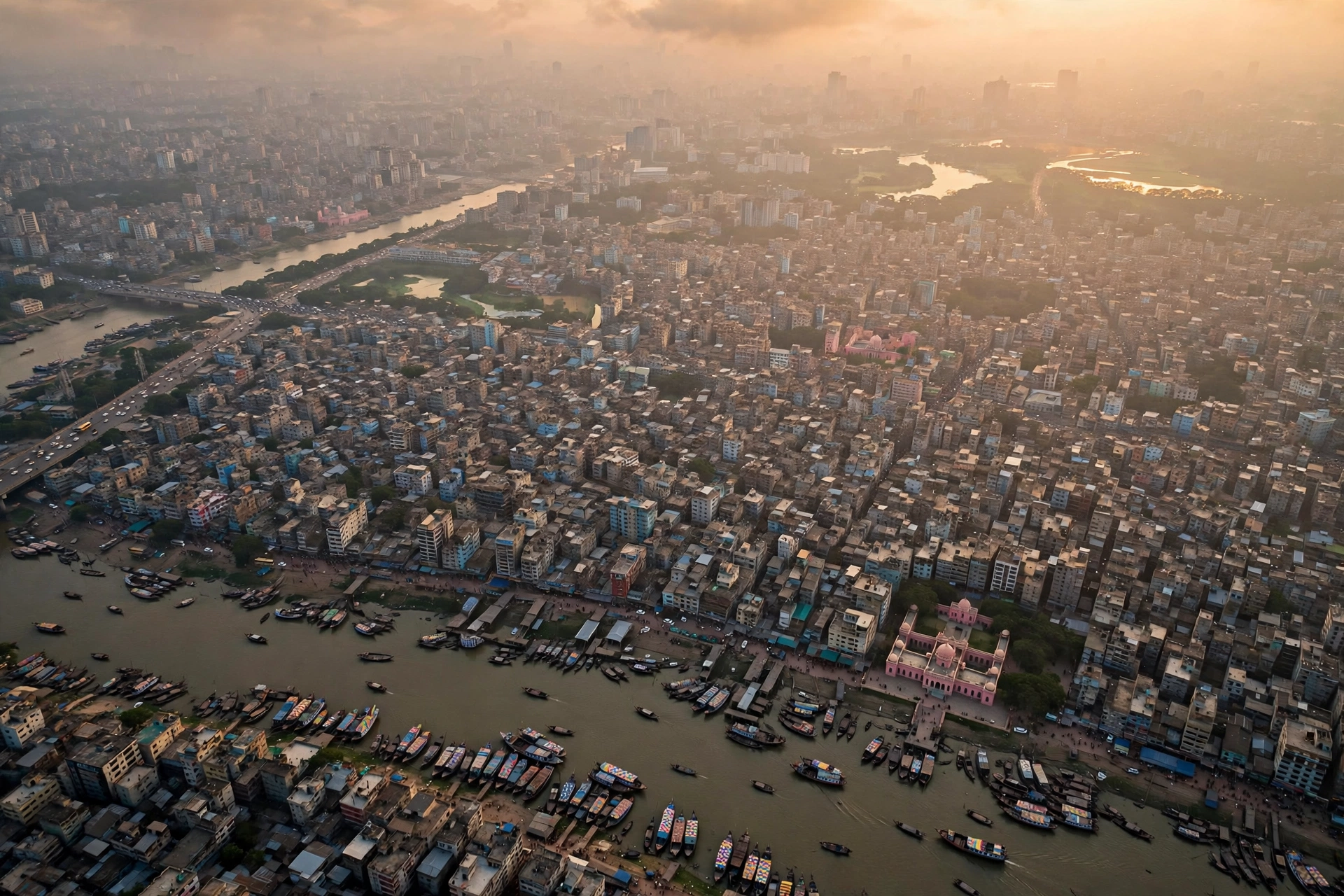 Aerial view of Dhaka at golden hour with the river and boats below
