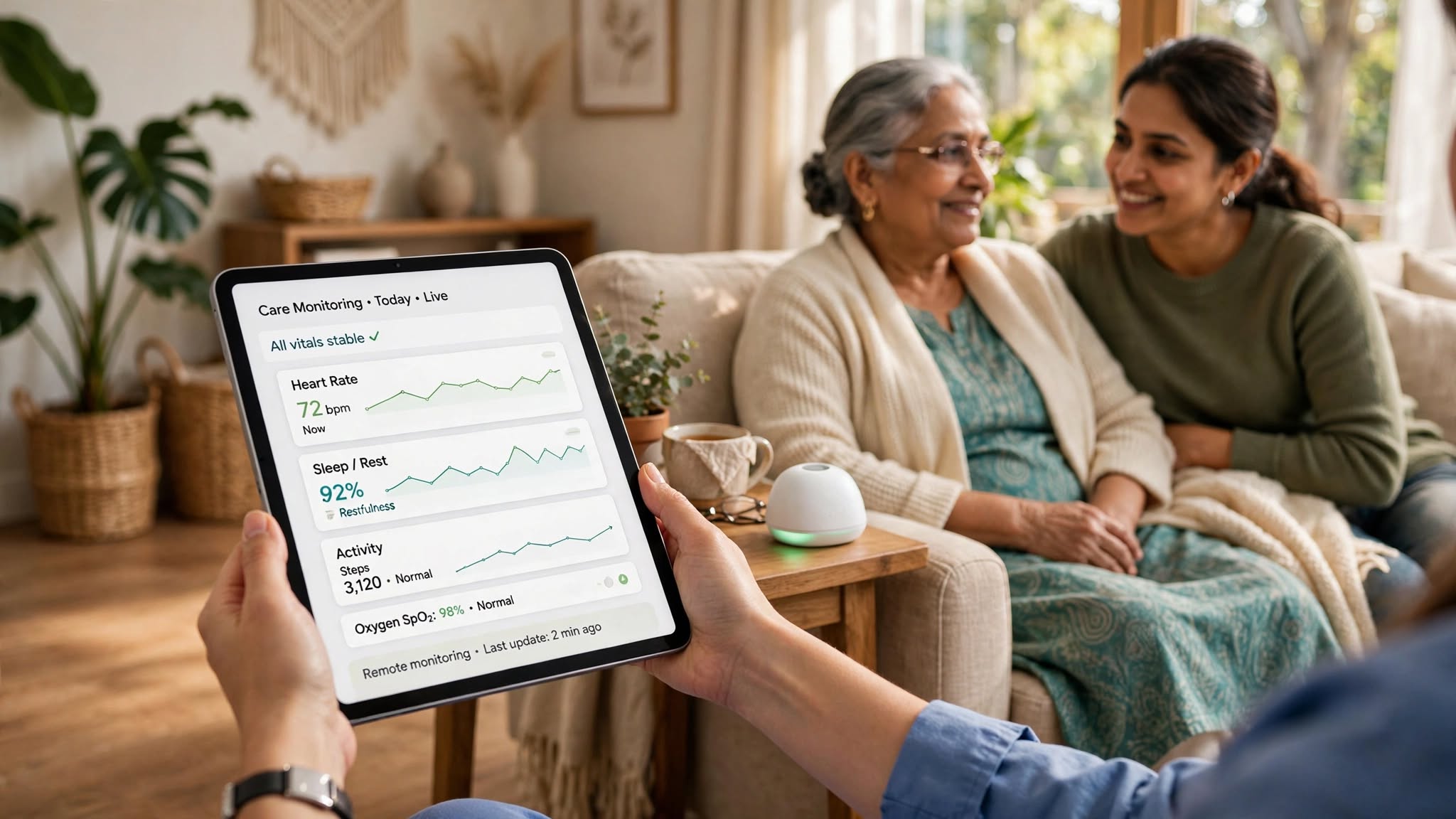 Hands holding a tablet with a care monitoring dashboard while family talks in the background.