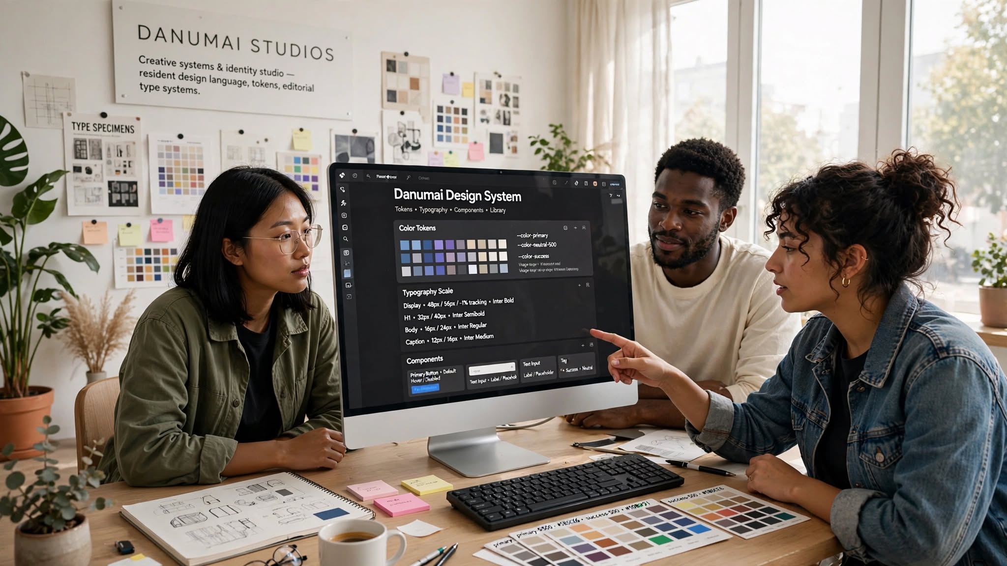 Design team collaborating around a monitor showing the Danumai design system.