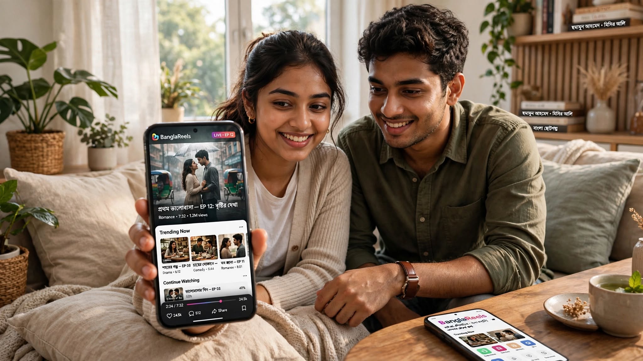 Friends smiling while watching BanglaReels on a phone together in a sunlit living room.