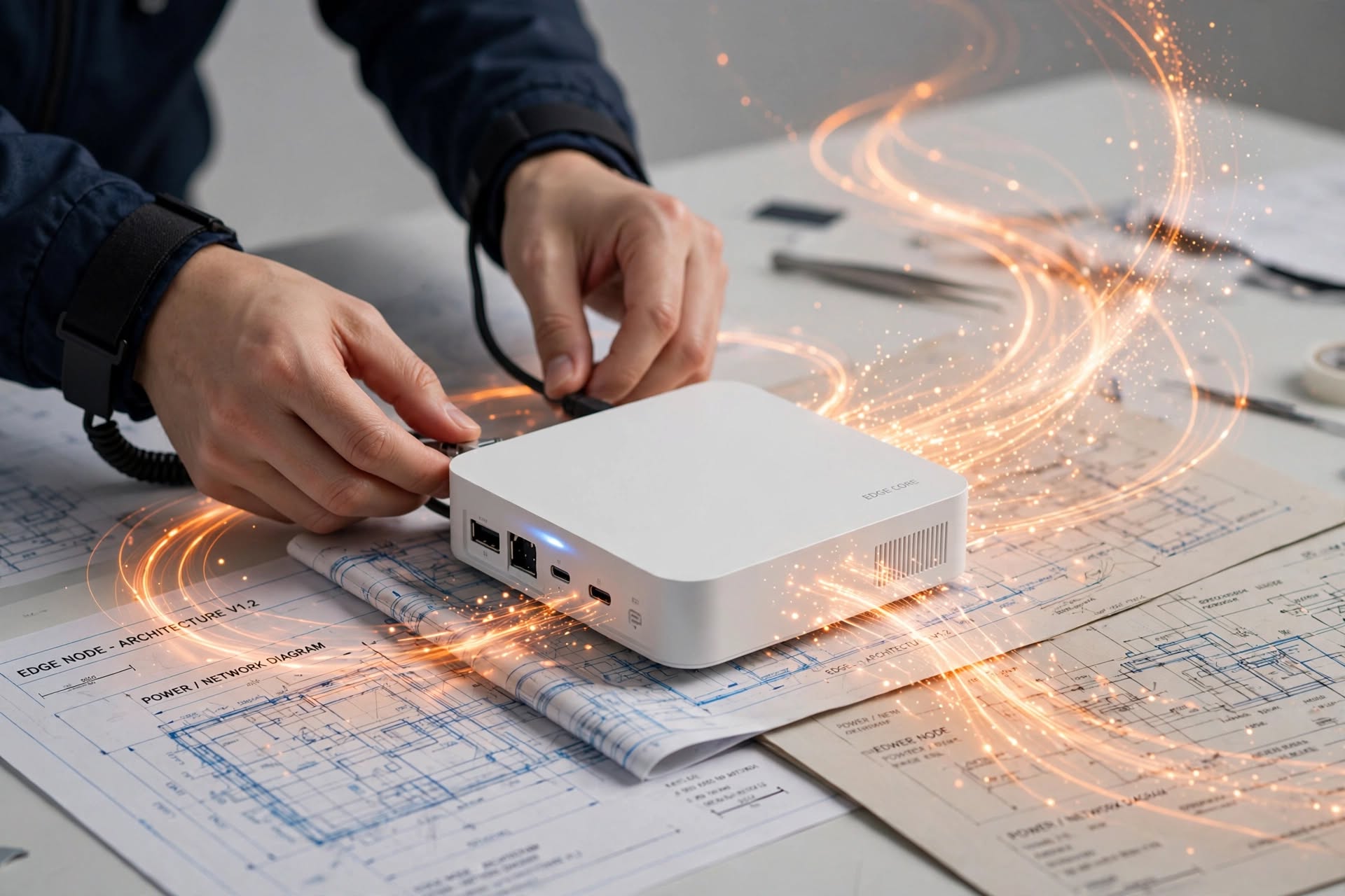 Hands connecting a cable to a white Edge Core device on architectural blueprints with orange light trails.