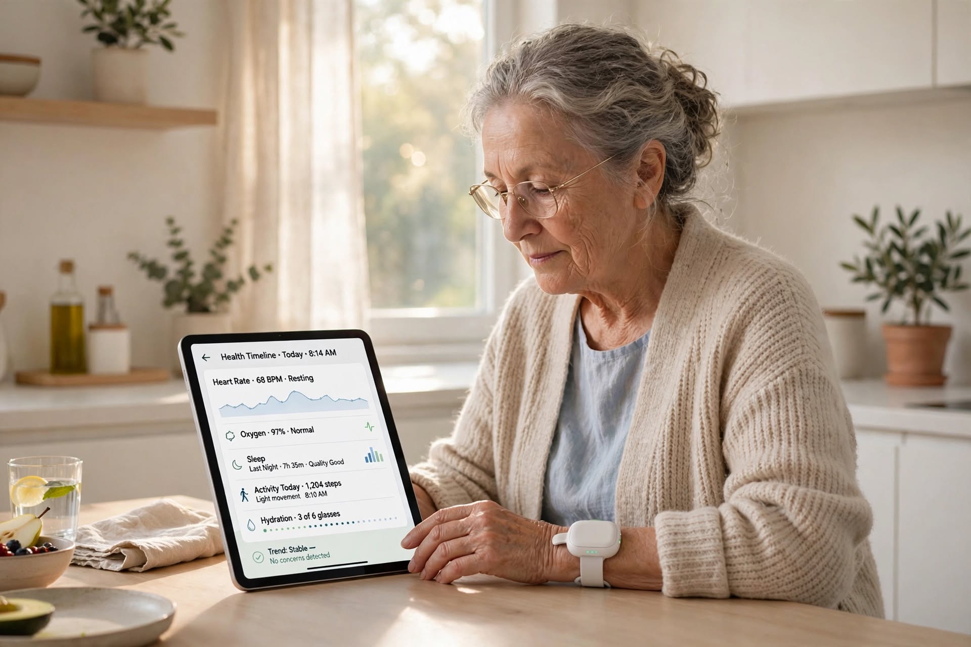 Person holding a tablet showing a Health Timeline with heart rate, oxygen, sleep, and activity cards.