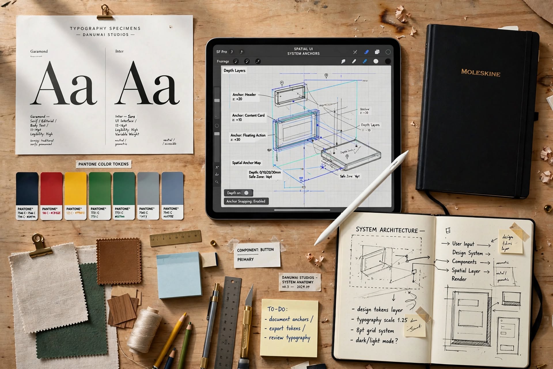 Design desk with an iPad showing Spatial UI system anchors beside typography specimens and Pantone tokens.