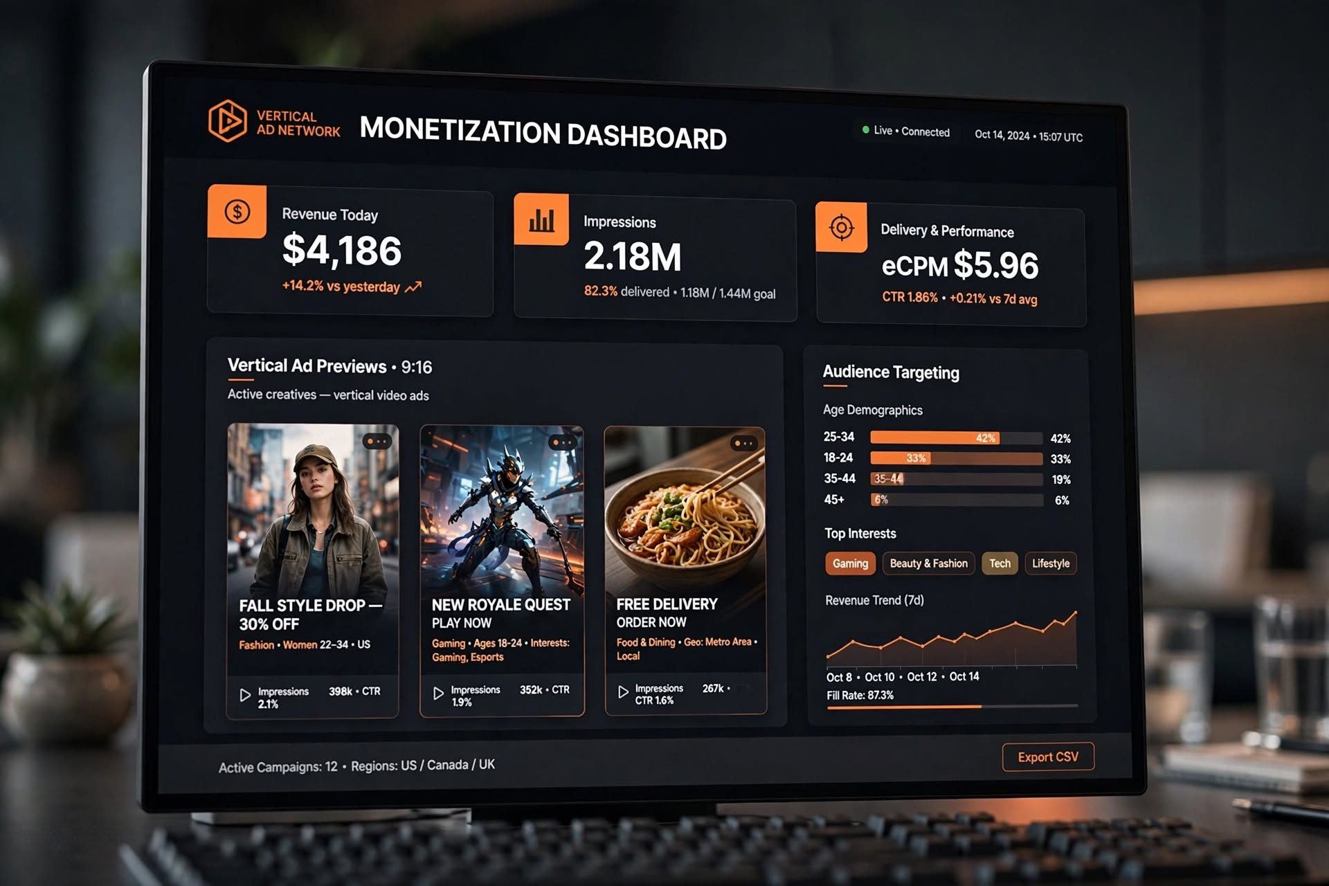 Dark monetization dashboard with vertical ad previews, audience targeting, and revenue charts.