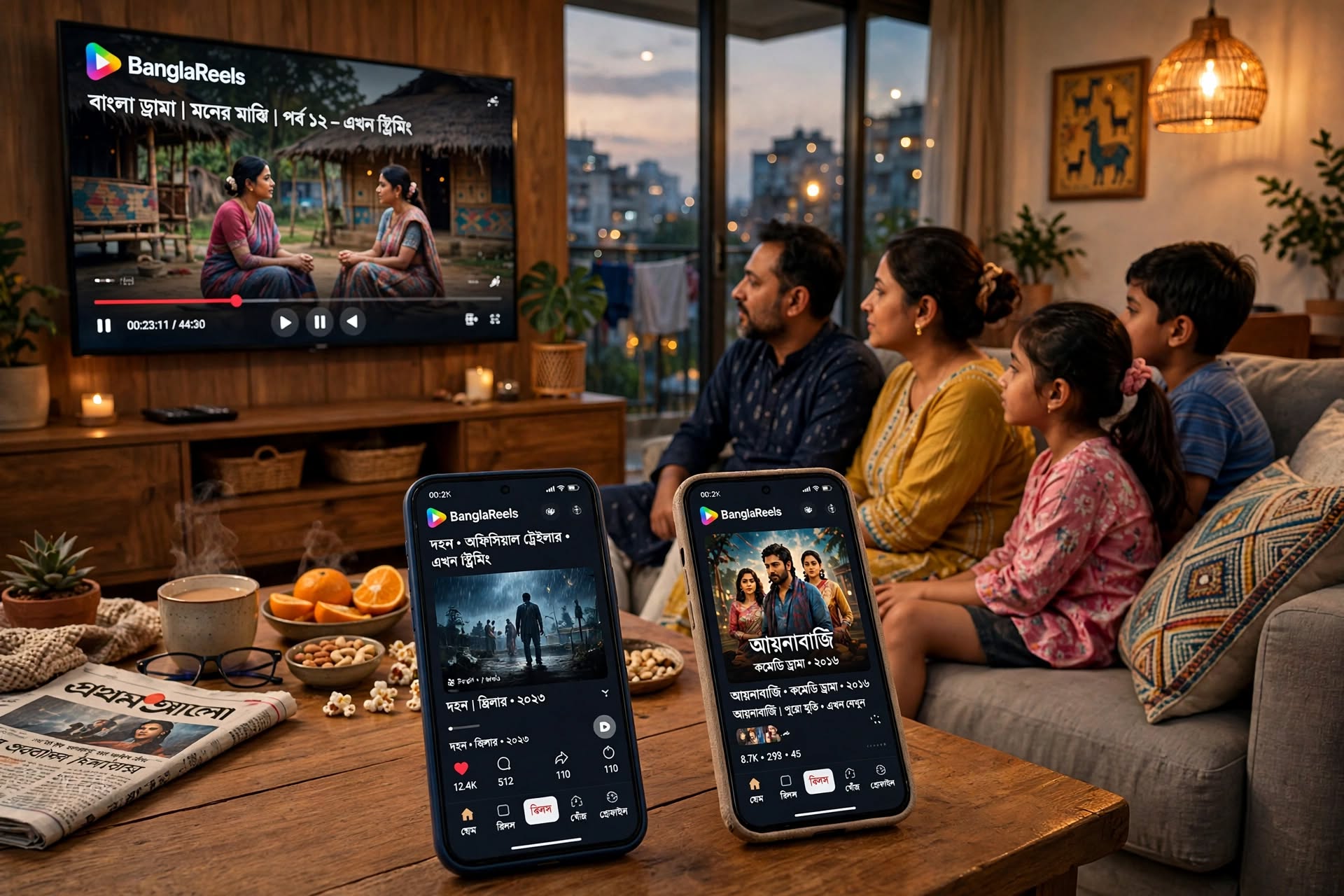 Family watching BanglaReels on TV while two phones show the app on a coffee table.