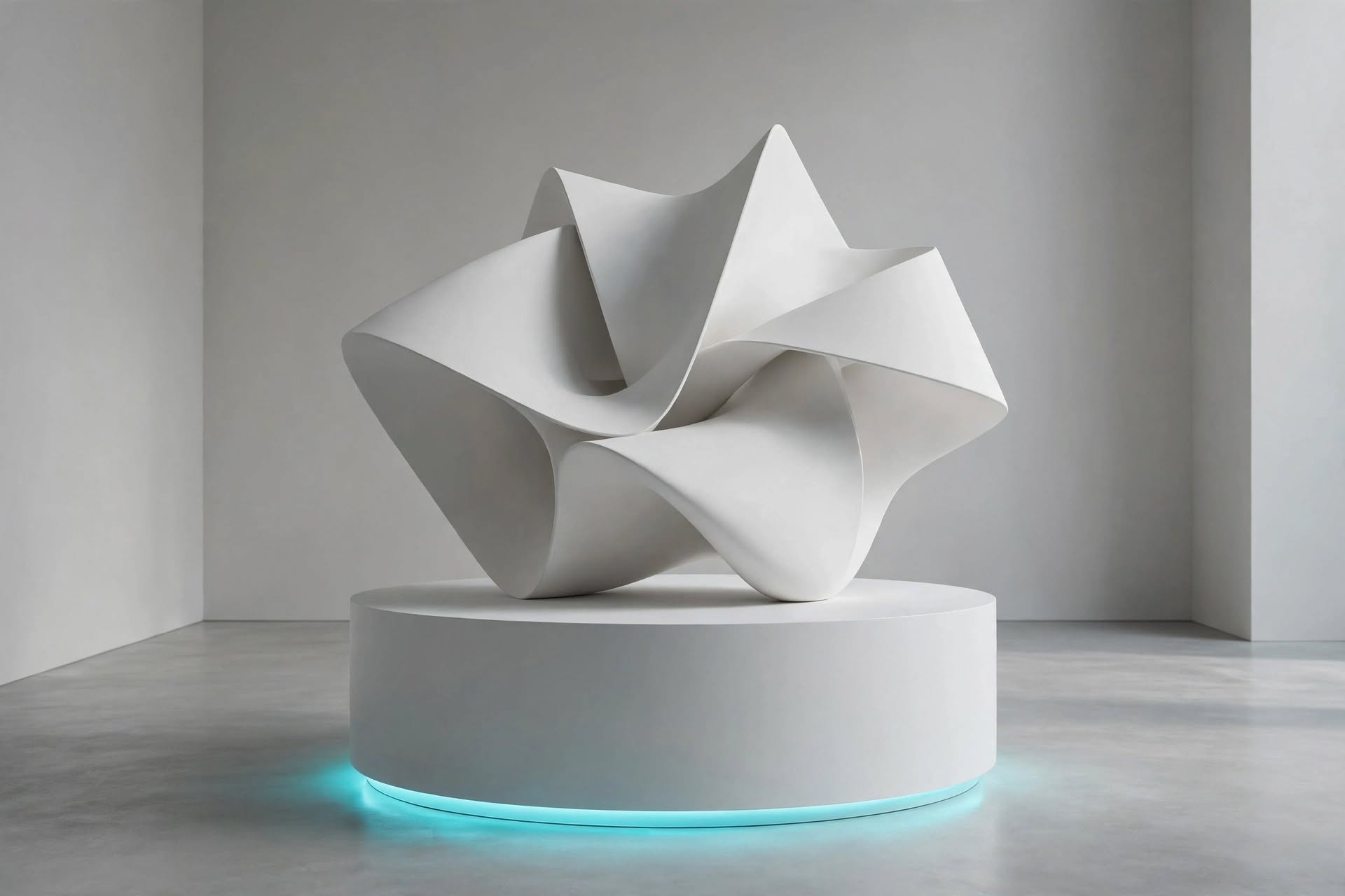 A folded white sculpture on a circular plinth lit from beneath by a ring of cyan light.