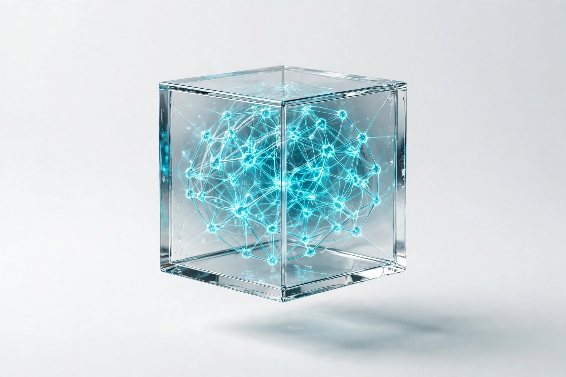 A glass cube suspended in white light with a luminous cyan node lattice sealed inside it.