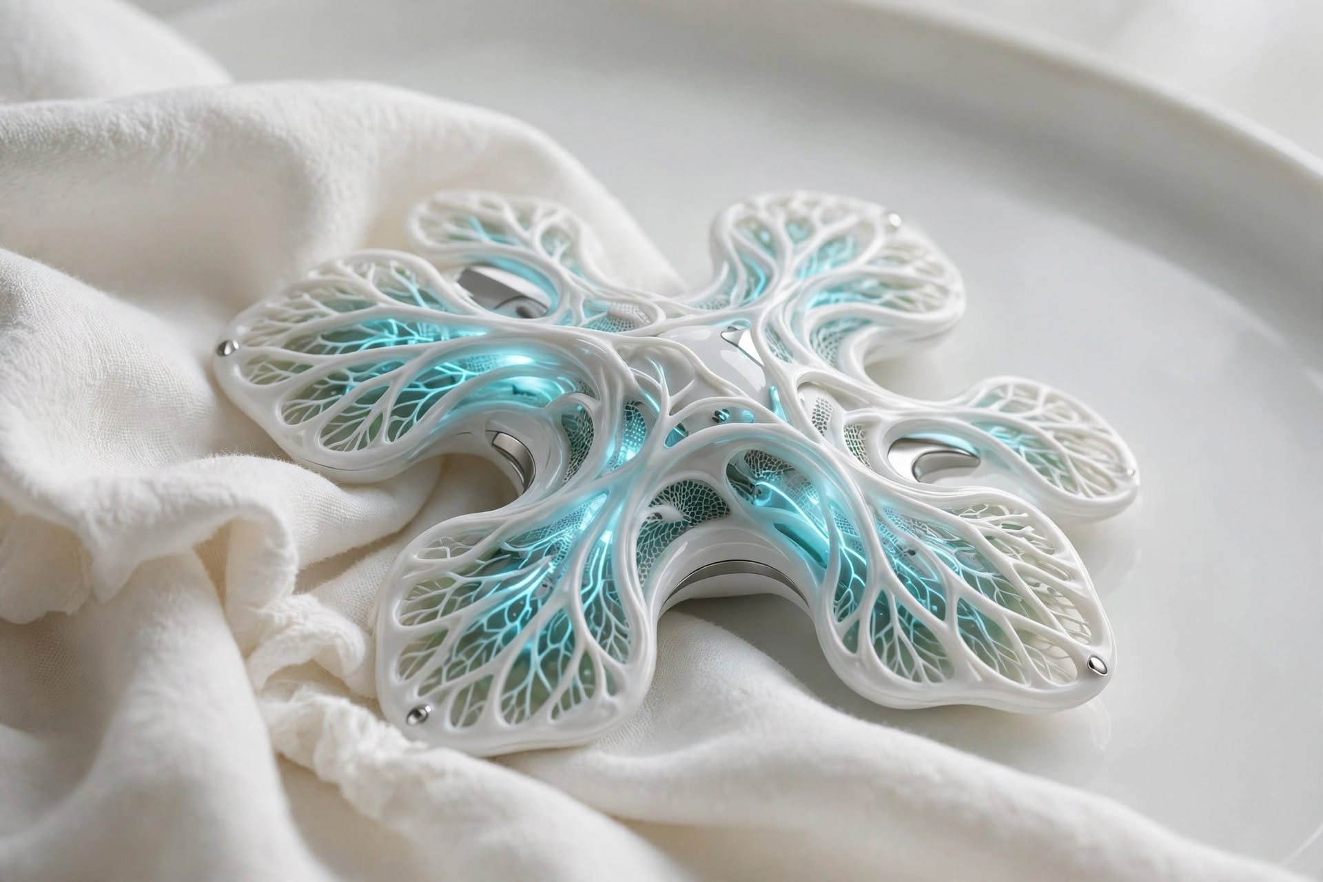 A white ceramic lattice form with cyan light blooming through its veined interior.