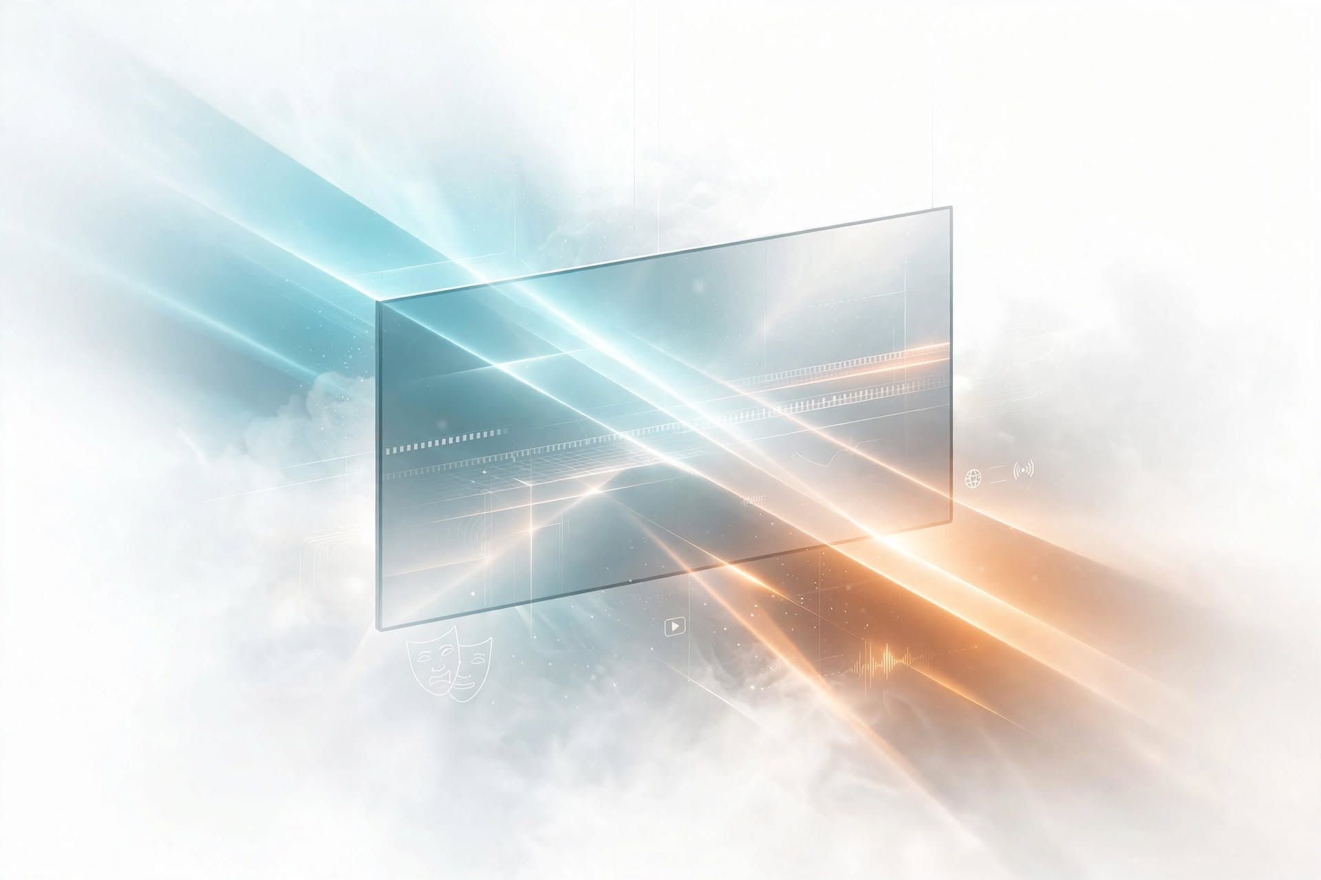 A pane of glass floating in mist, refracting a cyan beam into a warm amber one.