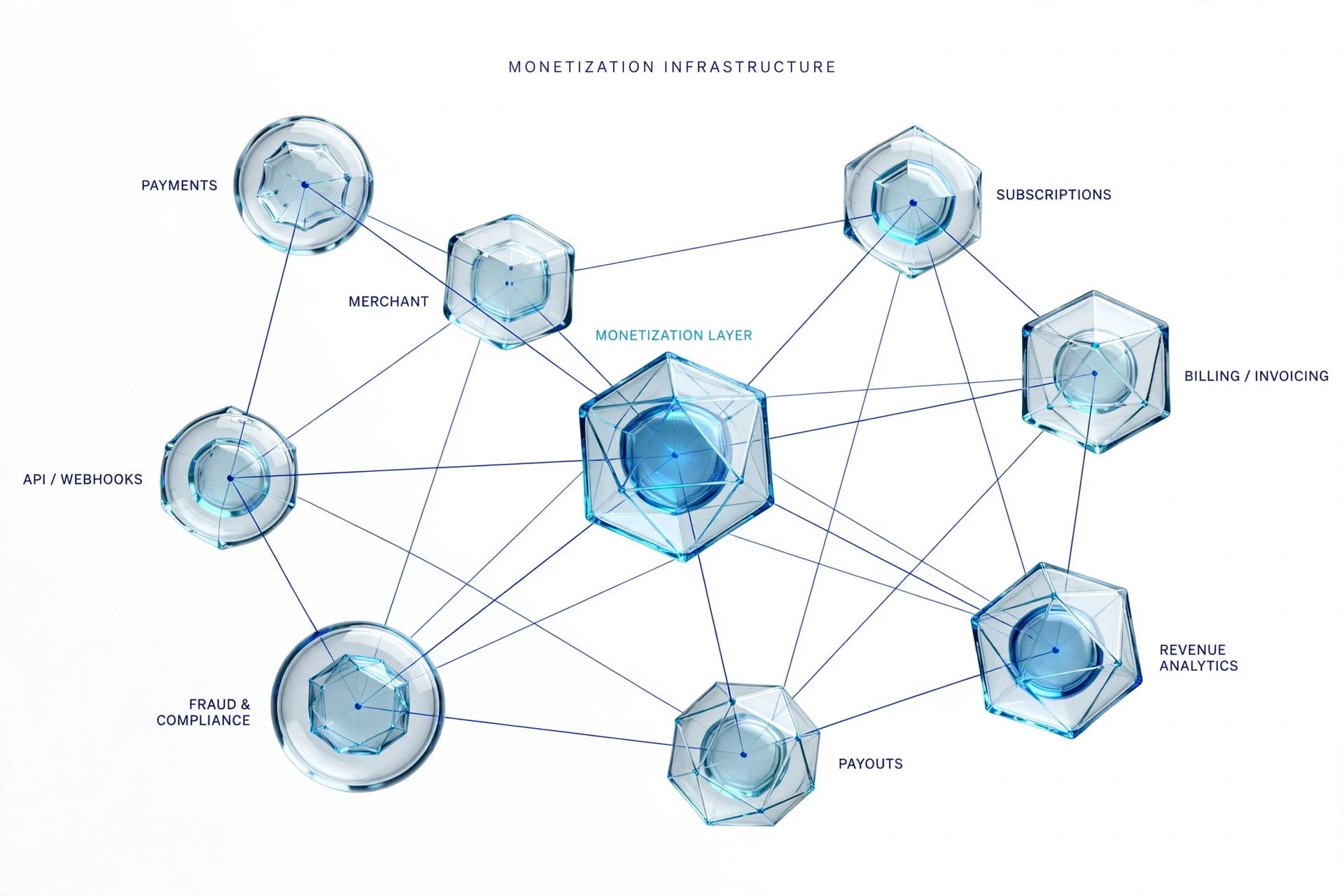 Nine glass polyhedra wired into a labelled platform topology on a white field.